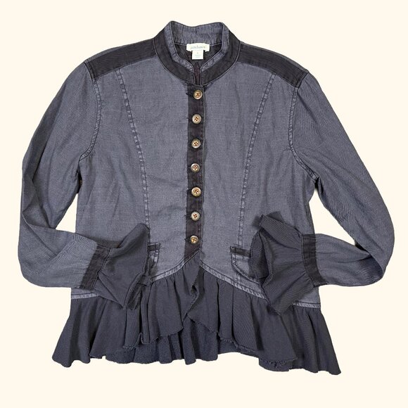 Sundance Laurel Legends Blue Grey Linen Peplum Ruffle Military Jacket Small - Picture 1 of 6